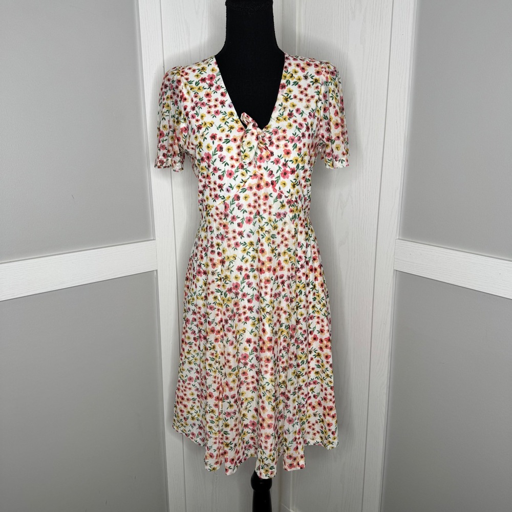 Sirenlily Floral Midi Dress Women‎ Size S White Pink Yellow V-Neck Tie SD9918